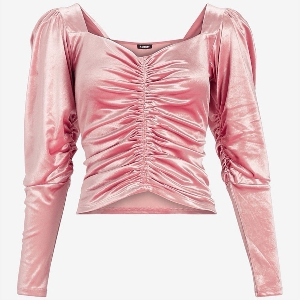 Express Pink Velvet Ruched Puff Long Sleeve Crop Top XS - Picture 14 of 14